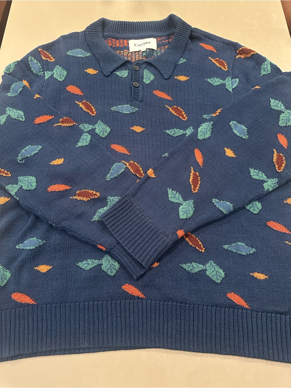 Corridor Club Room Navy Leaf-Pattern Polo Sweater